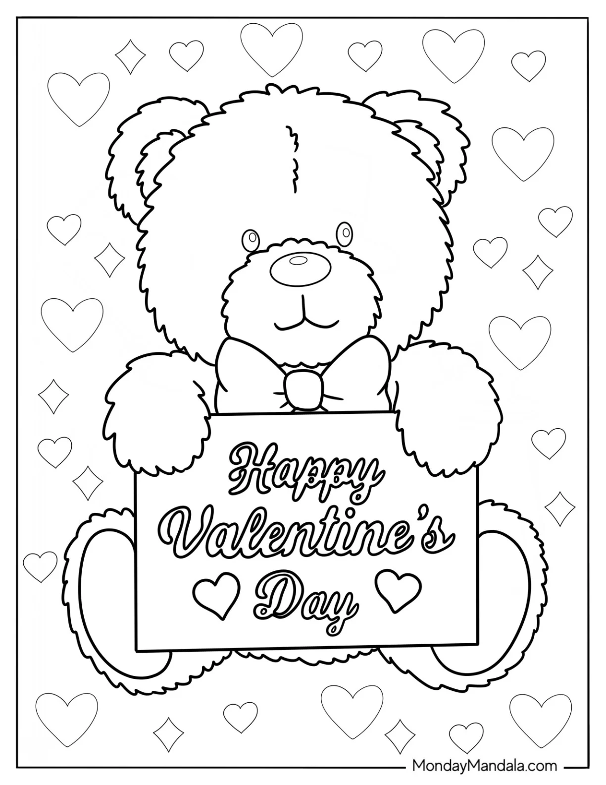 Furry Teddy Bear Coloring Page Holding A Valentine s Day Card coloring page — printable line art