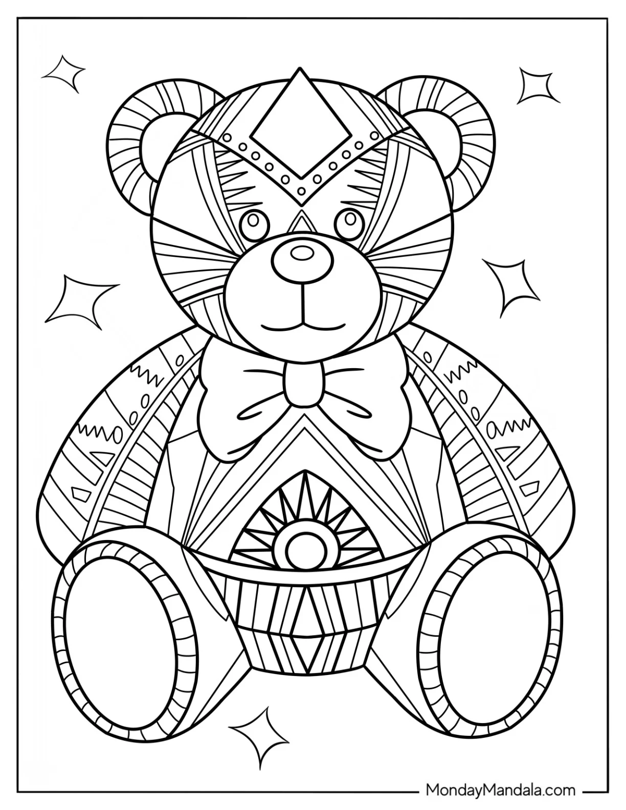 Intricate Geometric Teddy Bear Coloring Page With Large Bowtie coloring page — printable line art