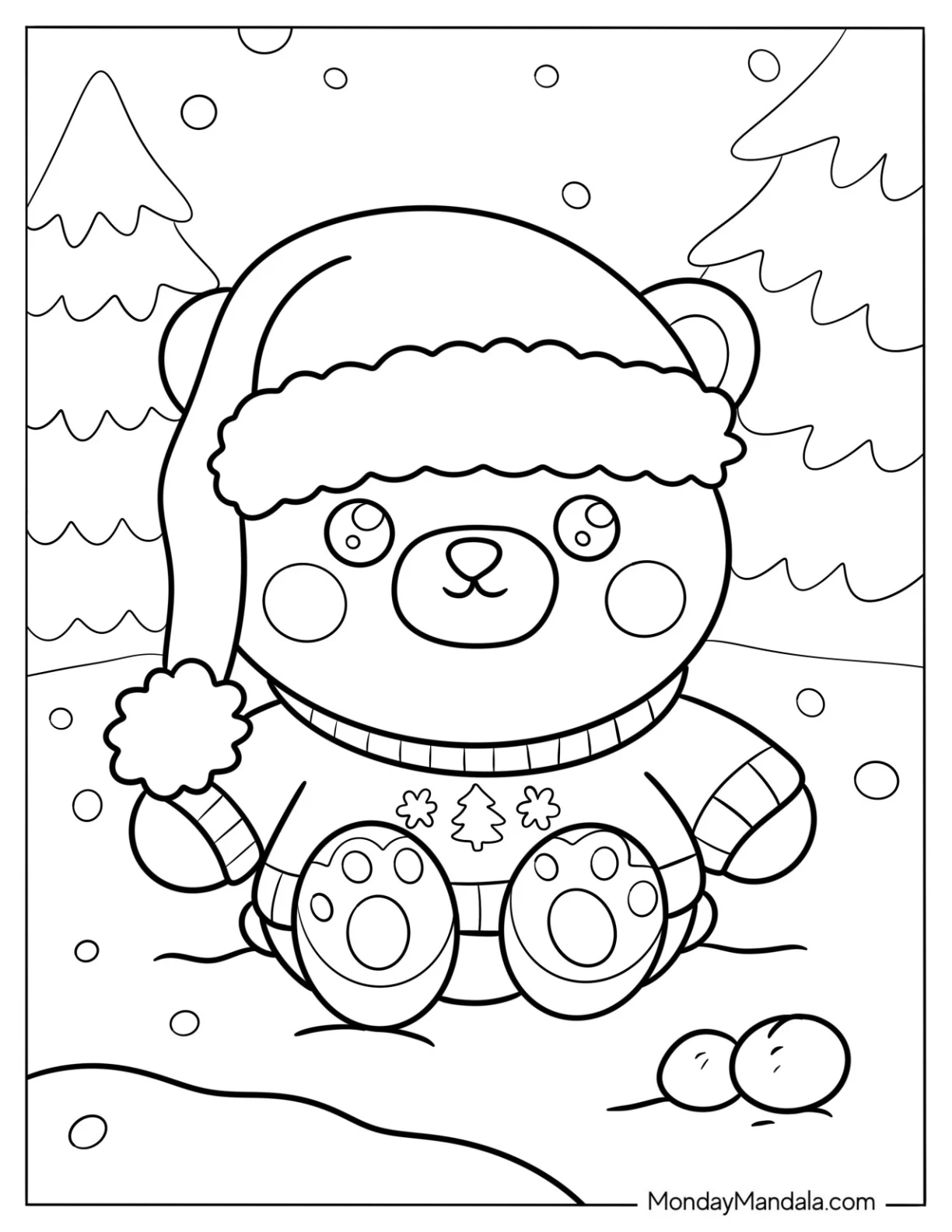 Kawaii Teddy Bear Coloring Page Wearing A Sweater And Santa Hat In The Snow coloring page — printable line art