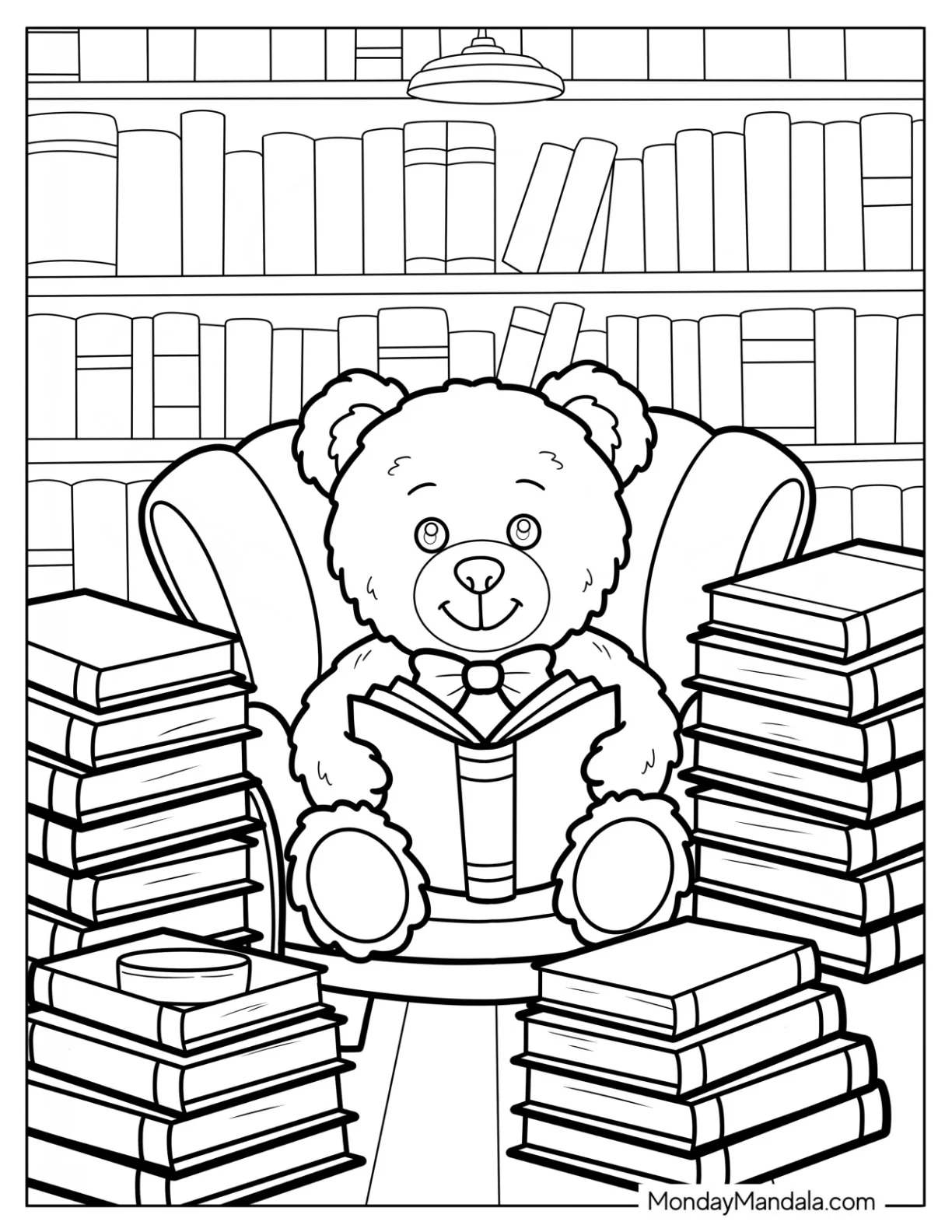 Nerdy Teddy Bear Coloring Page with Bowtie Reading a Book in an Armchair coloring page — printable line art
