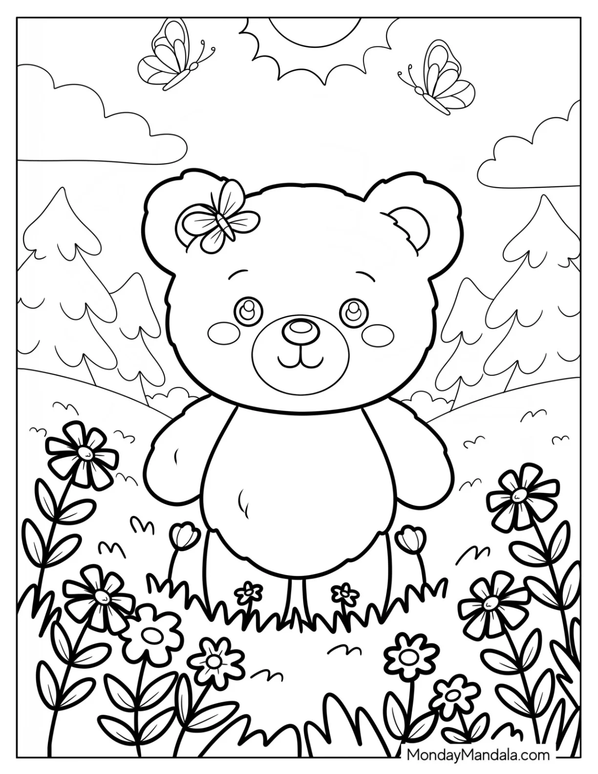 Pretty Teddy Bear Coloring Page in a Sunny Meadow with Butterflies for Kids coloring page