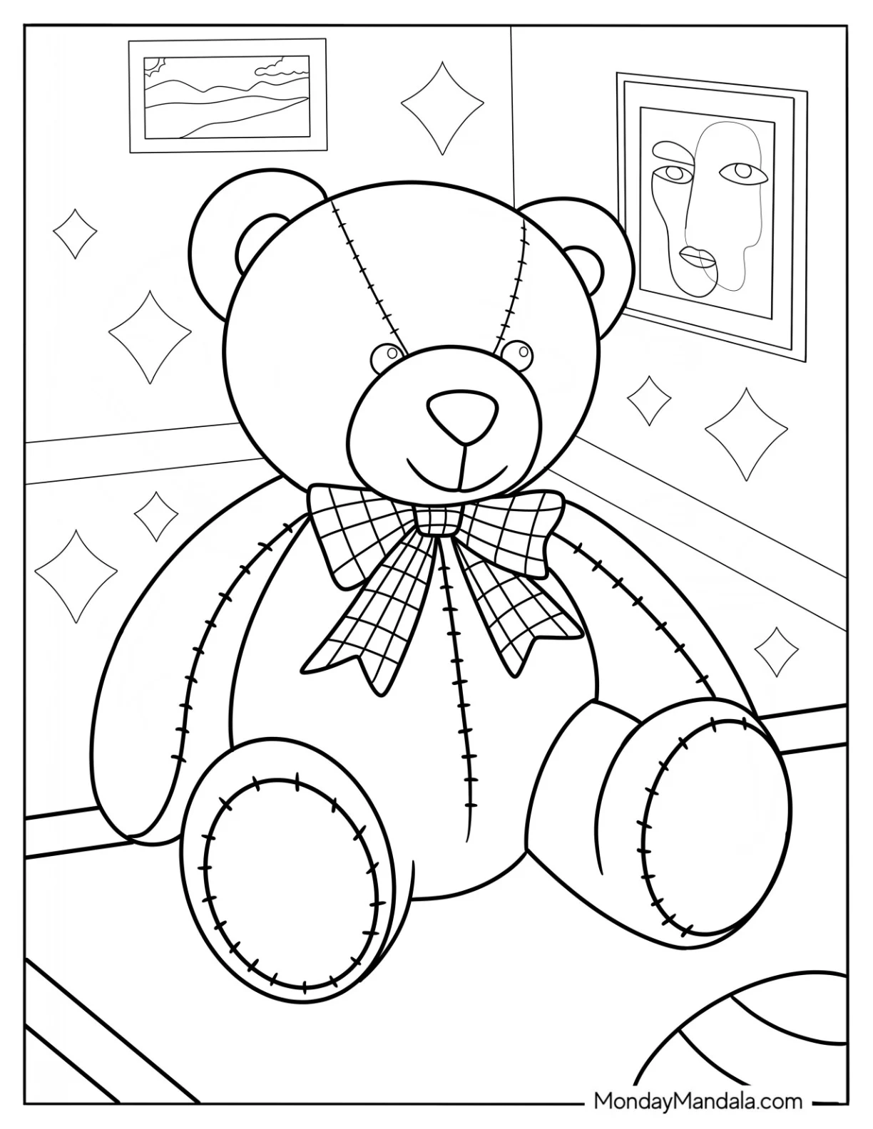 Realistic Teddy Bear Coloring Page On A Table For Kids coloring page — printable line art