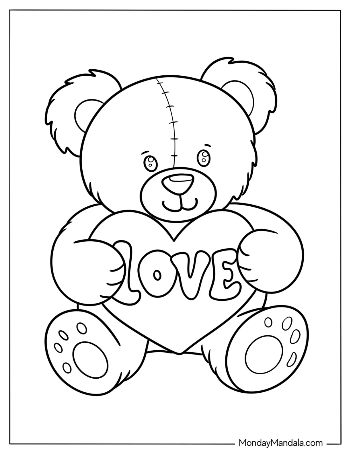 Simple Teddy Bear Coloring Page Hugging A Love Heart Pillow For Kids coloring page — printable line art