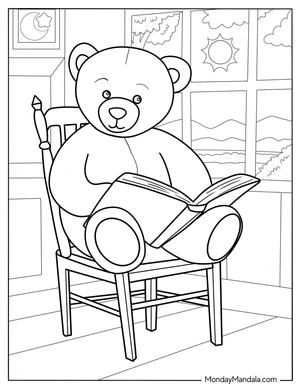 Simple Teddy Bear Coloring Page Reading A Book By The Window coloring page — printable line art