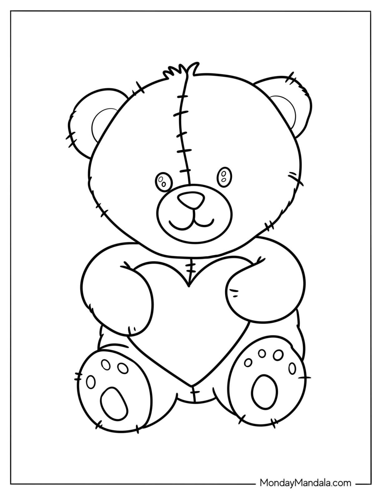 Simple Teddy Bear Coloring Page With Stitches Holding A Heart coloring page — printable line art