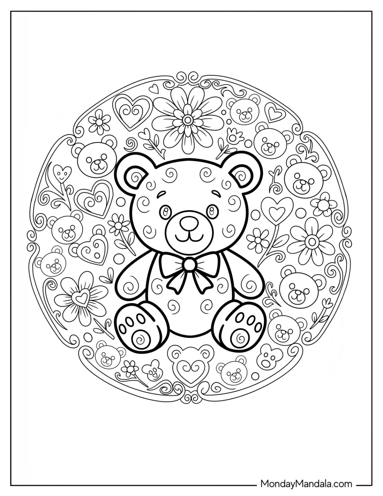 Simple Teddy Bear Coloring Page with Swirls in a Floral Mandala coloring page — printable line art