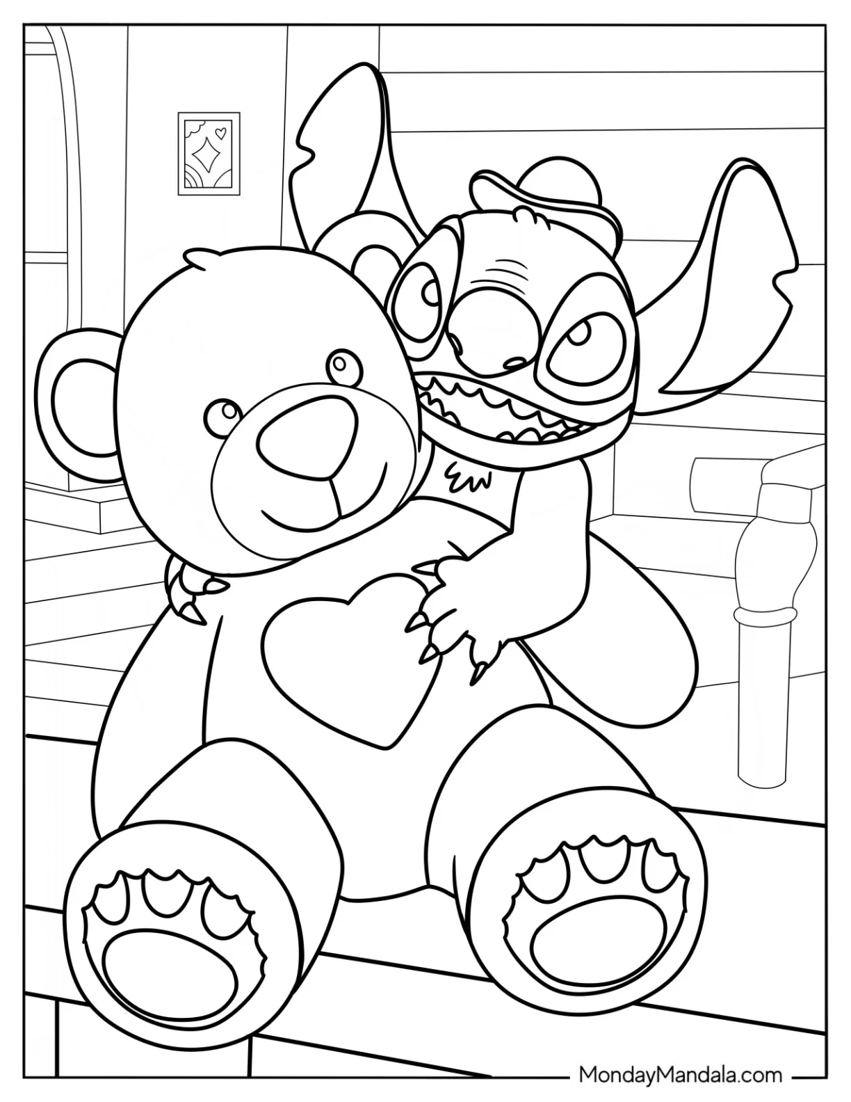Stitch Hugging A Teddy Bear Coloring Page coloring page