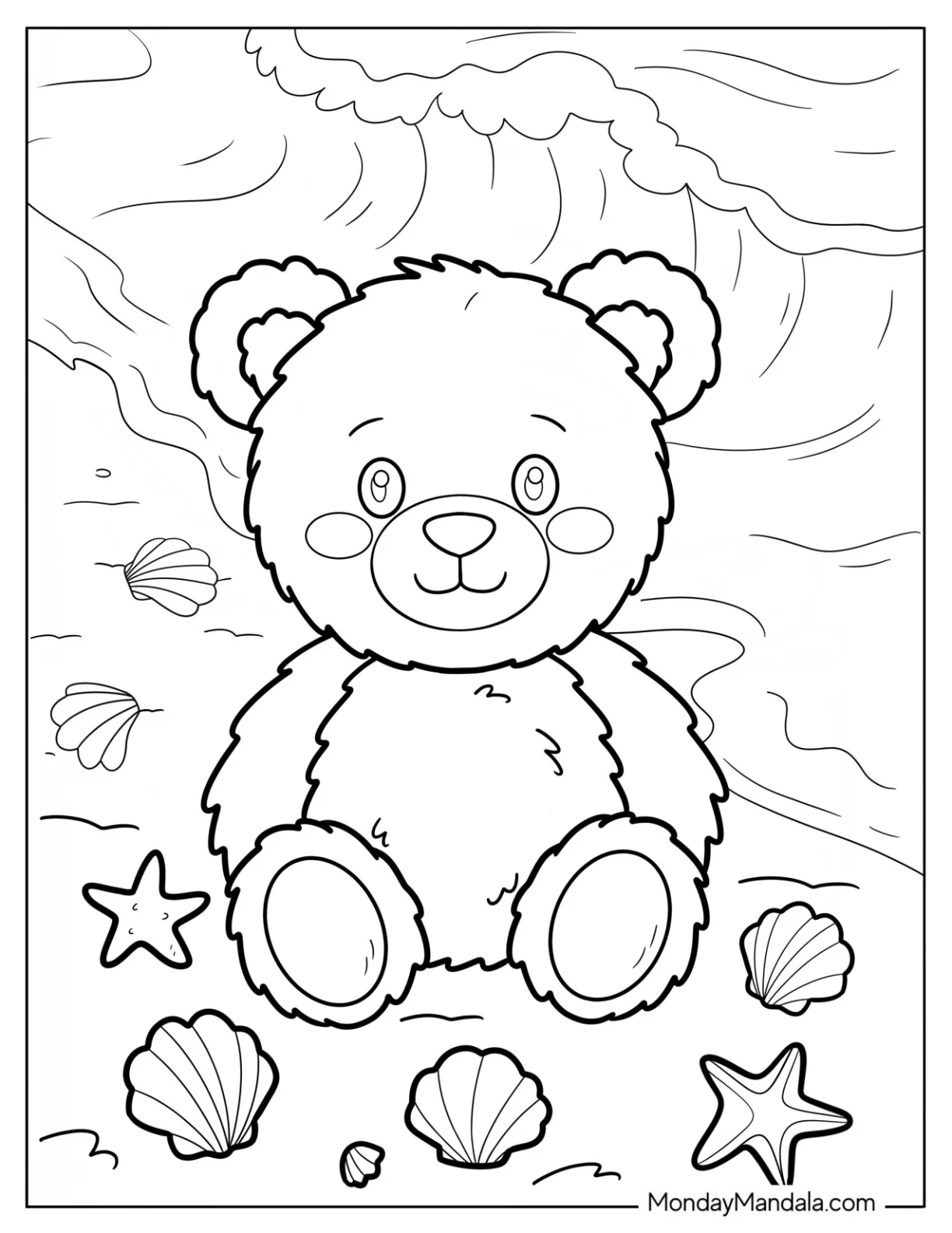 Teddy Bear Coloring Page at the Beach with Shells and Starfish for Kids coloring page — printable line art
