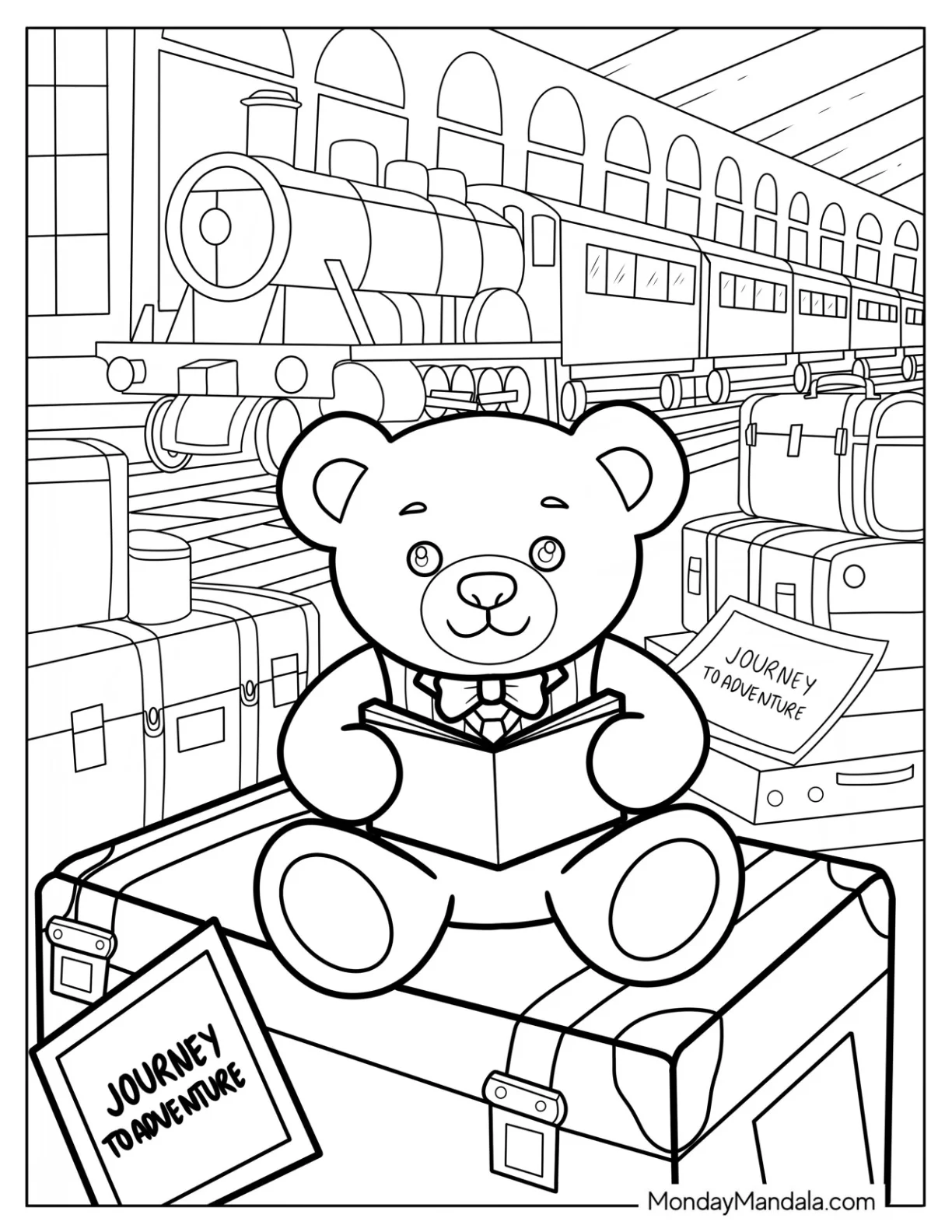 Teddy Bear Coloring Page at the Train Station Reading a Book coloring page — printable line art