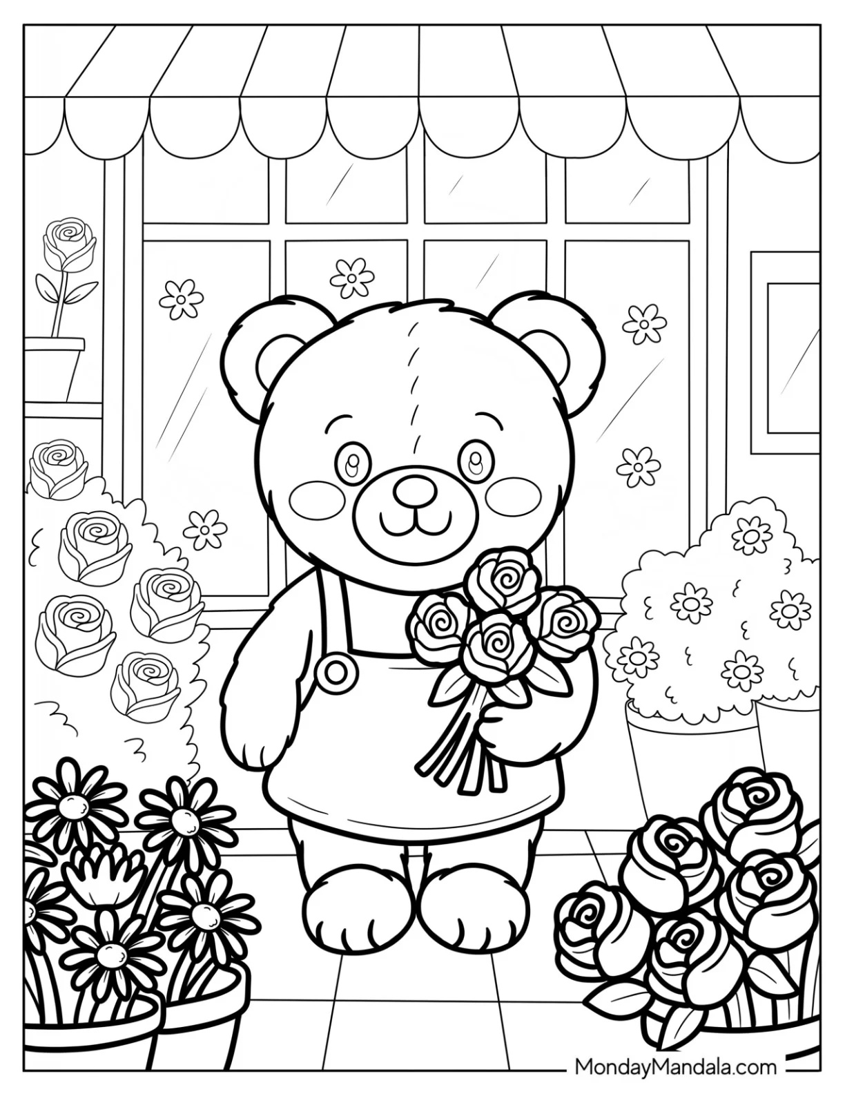 Teddy Bear Coloring Page Florist with a Fresh Flower Bouquet coloring page — printable line art