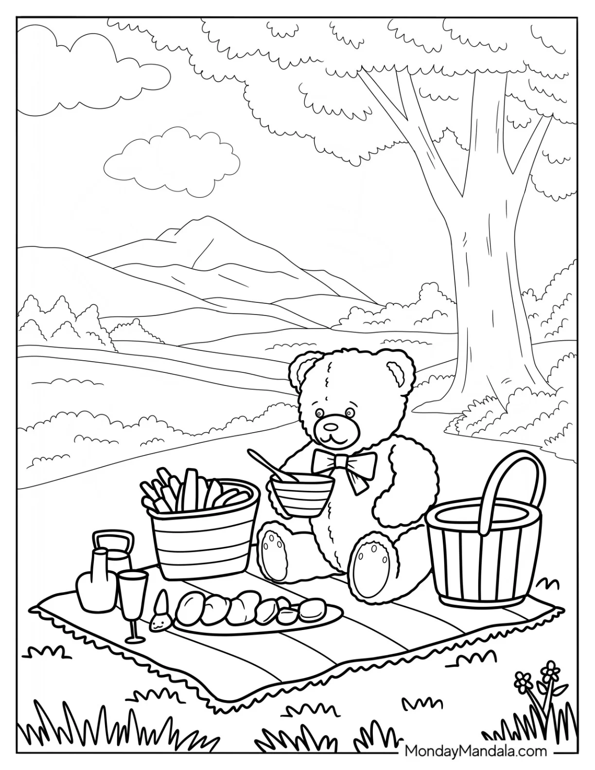 Teddy Bear Coloring Page Having A Picnic Under A Tree coloring page — printable line art