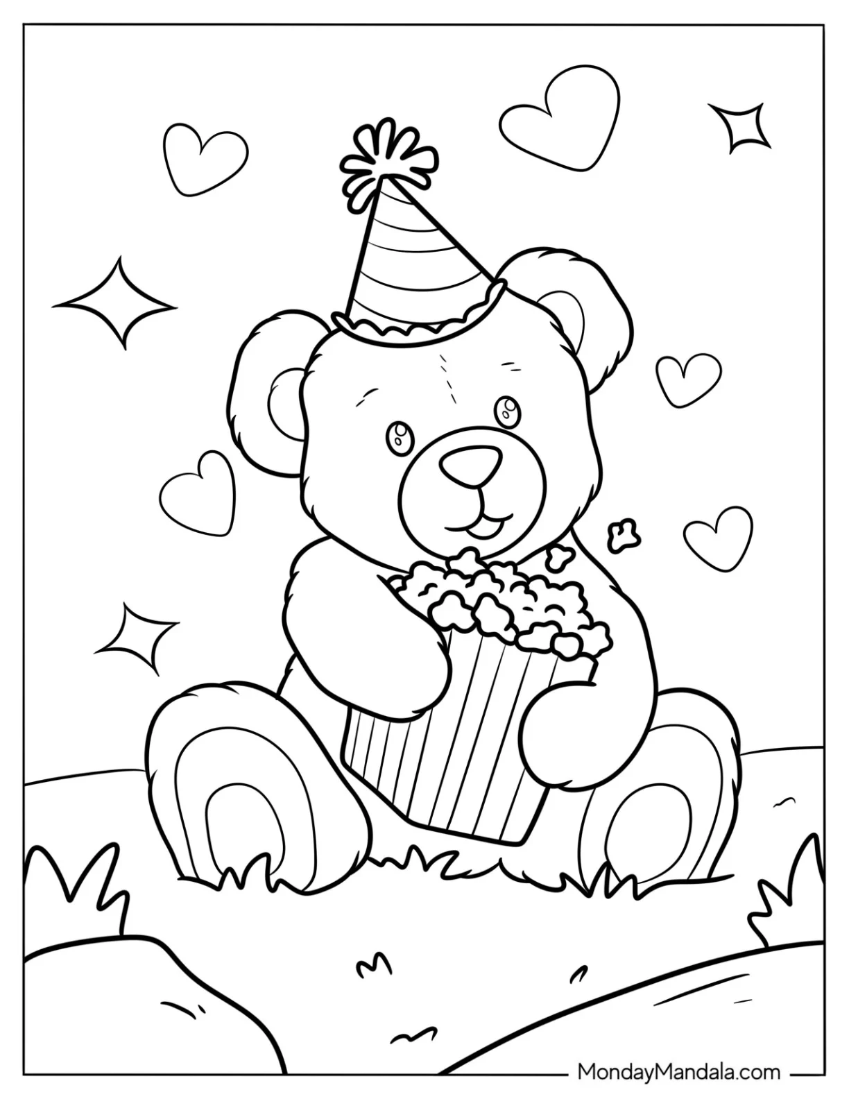 Teddy Bear Coloring Page Holding A Box Of Popcorn In The Garden coloring page
