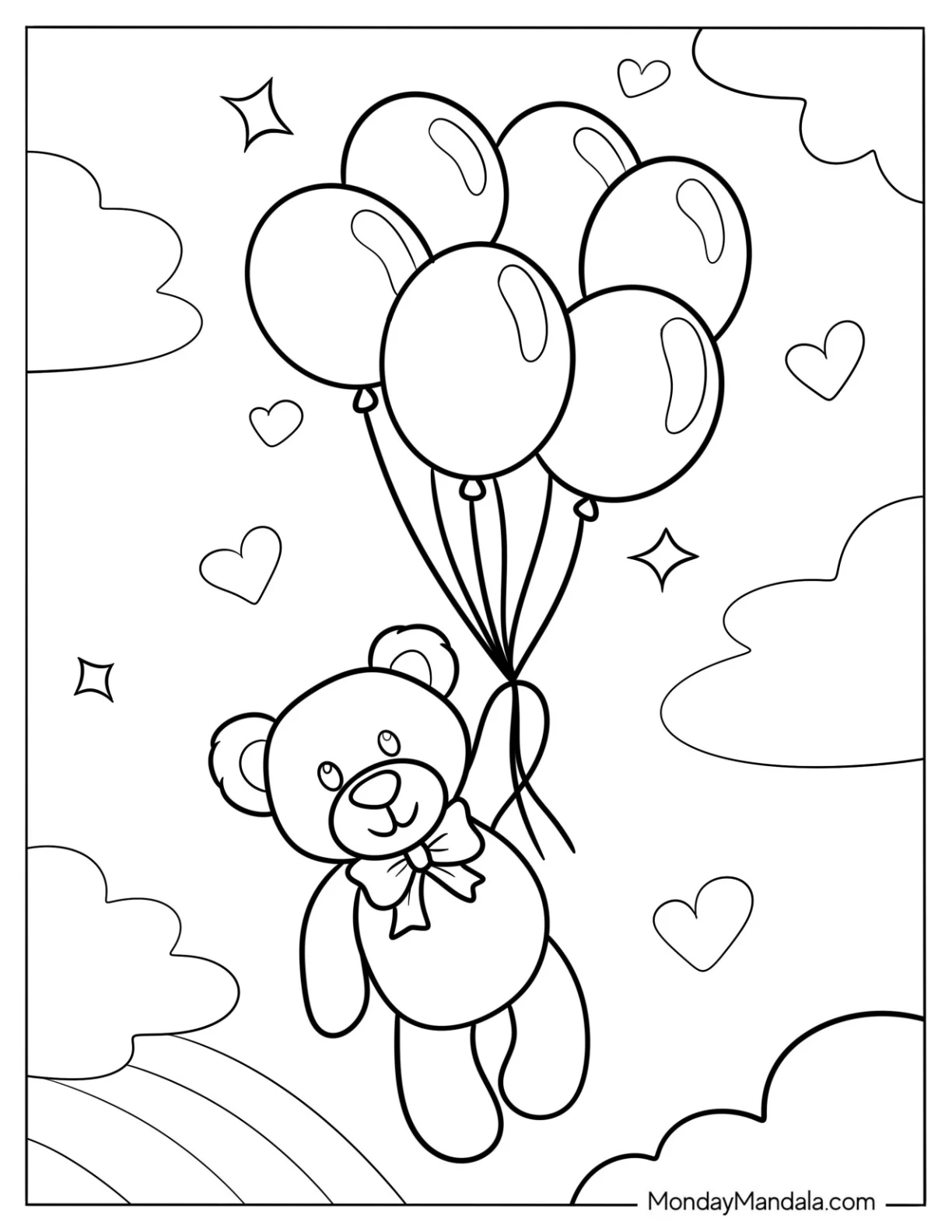 Teddy Bear Coloring Page Holding Onto Balloons In The Sky coloring page