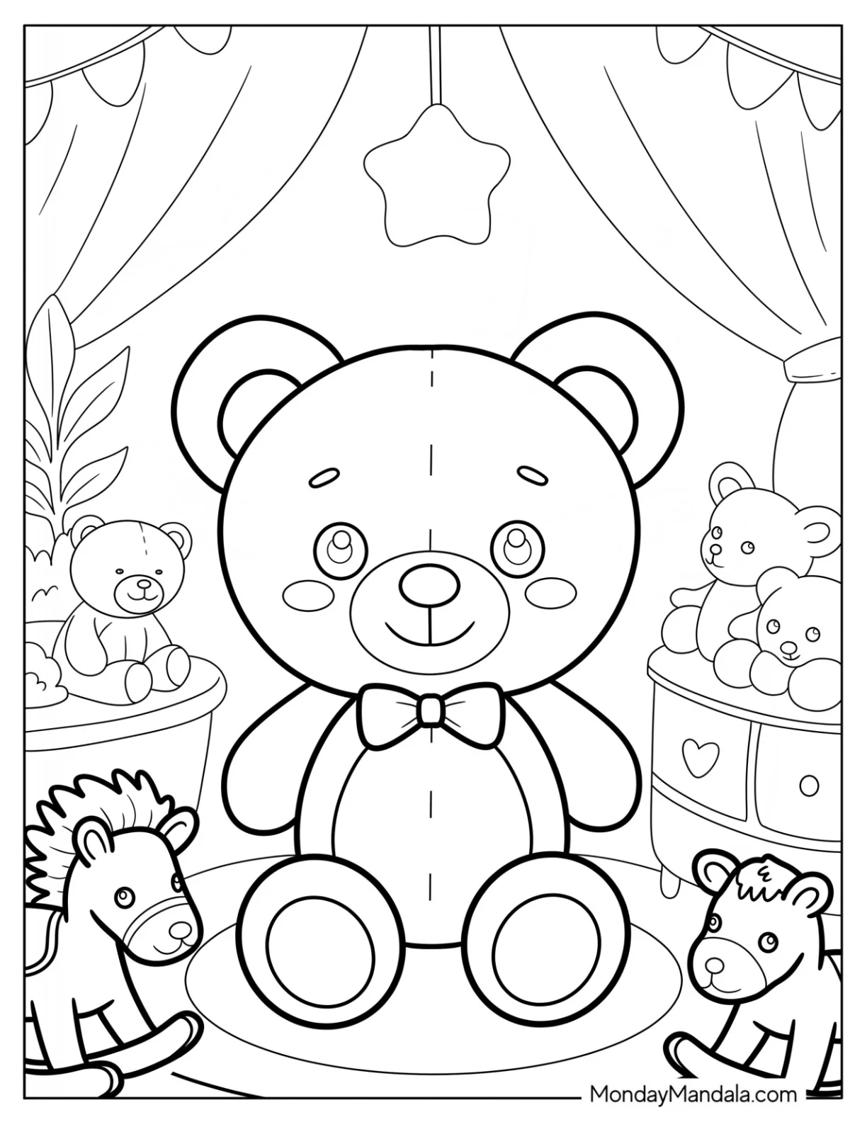 Teddy Bear Coloring Page in a Cozy Nursery Full of Toys coloring page — printable line art