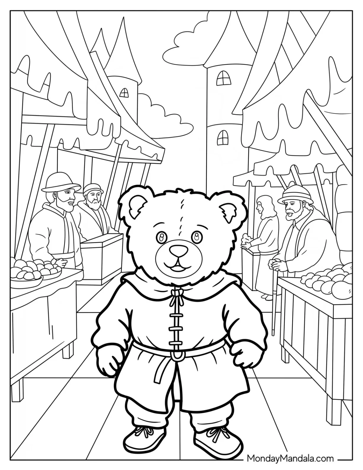 Teddy Bear Coloring Page in Medieval Costume Walking in the Market coloring page — printable line art