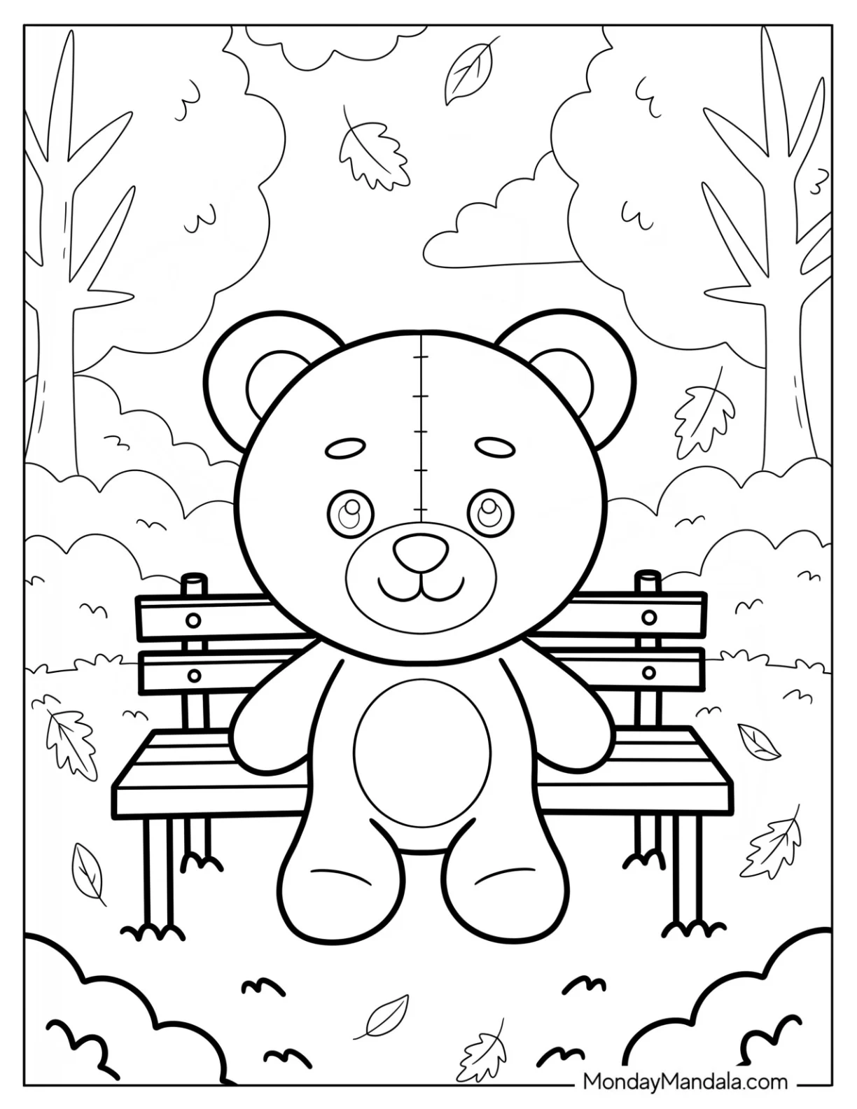 Teddy Bear Coloring Page in the Park with Falling Leaves coloring page