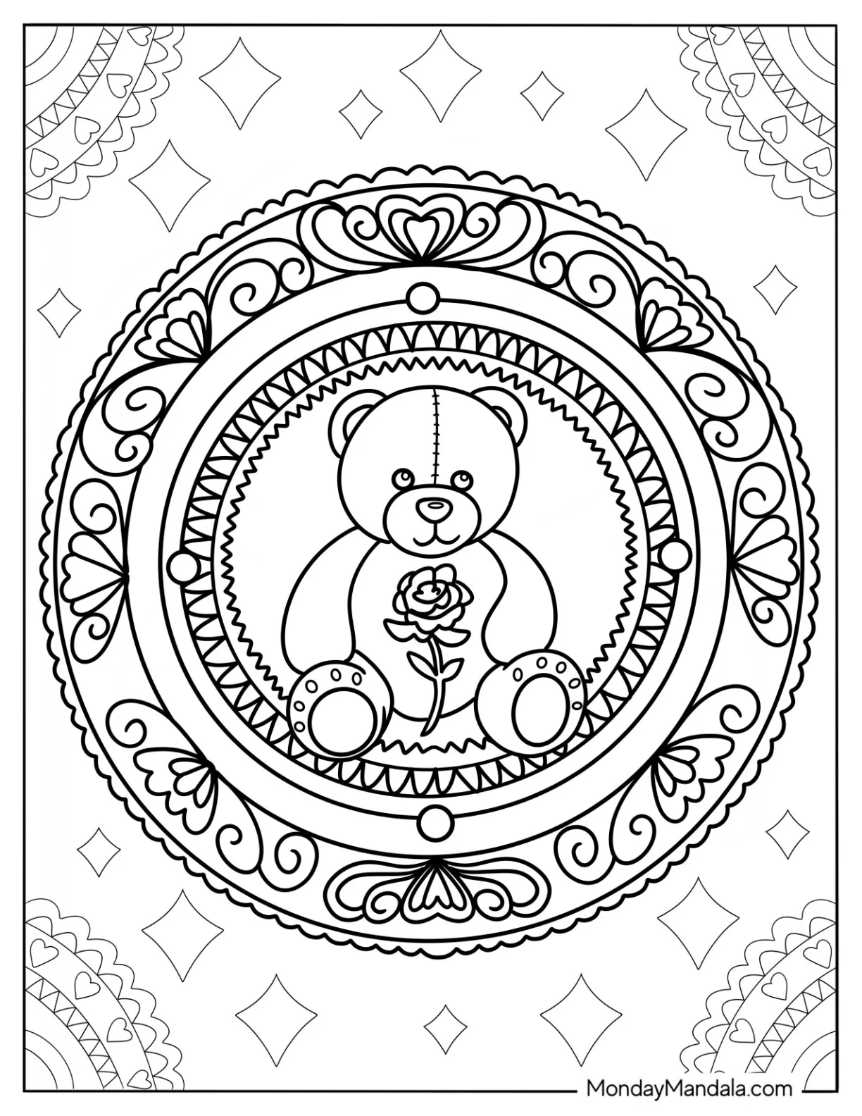 Teddy Bear Coloring Page of Mandala With A Rose coloring page