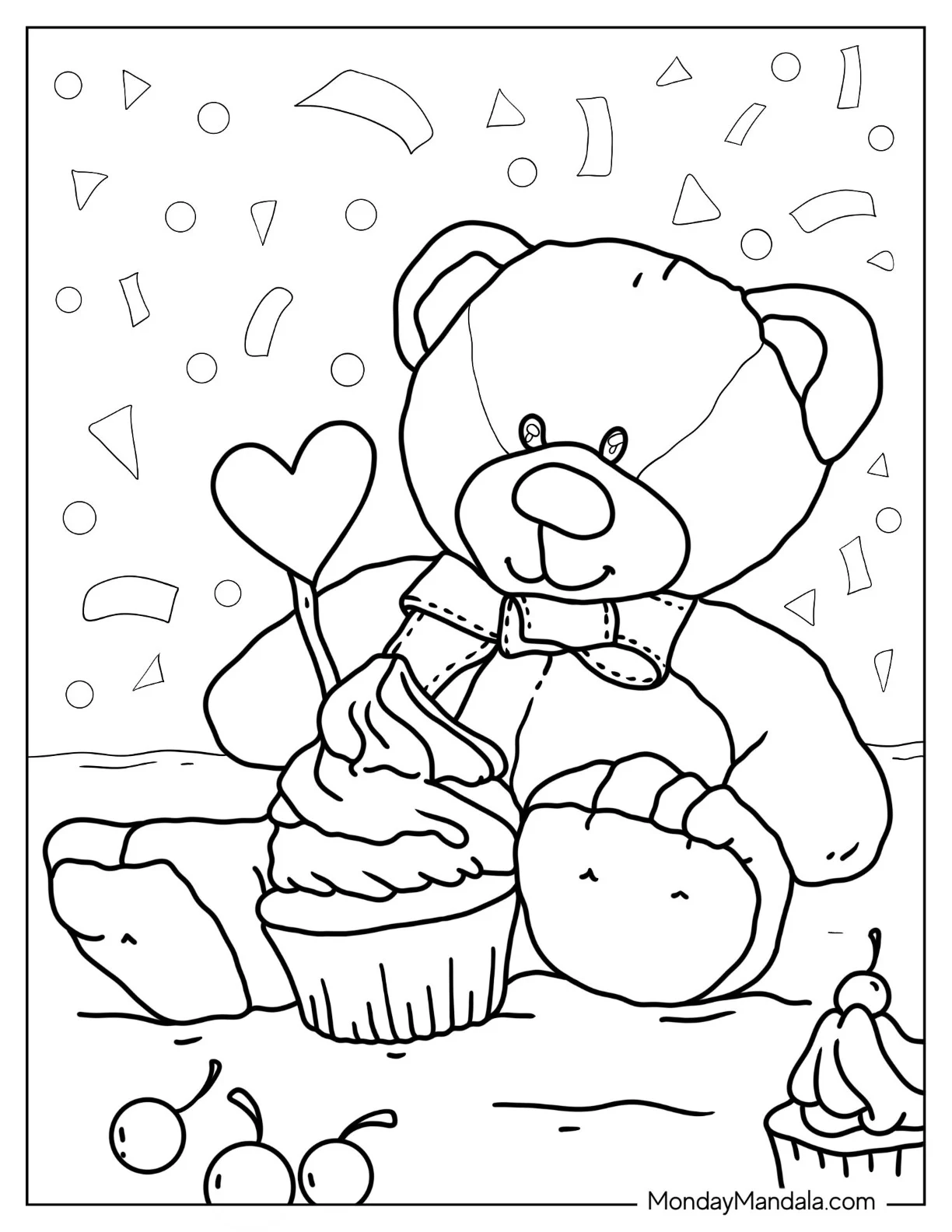 Teddy Bear Coloring Page With Birthday Cupcake coloring page