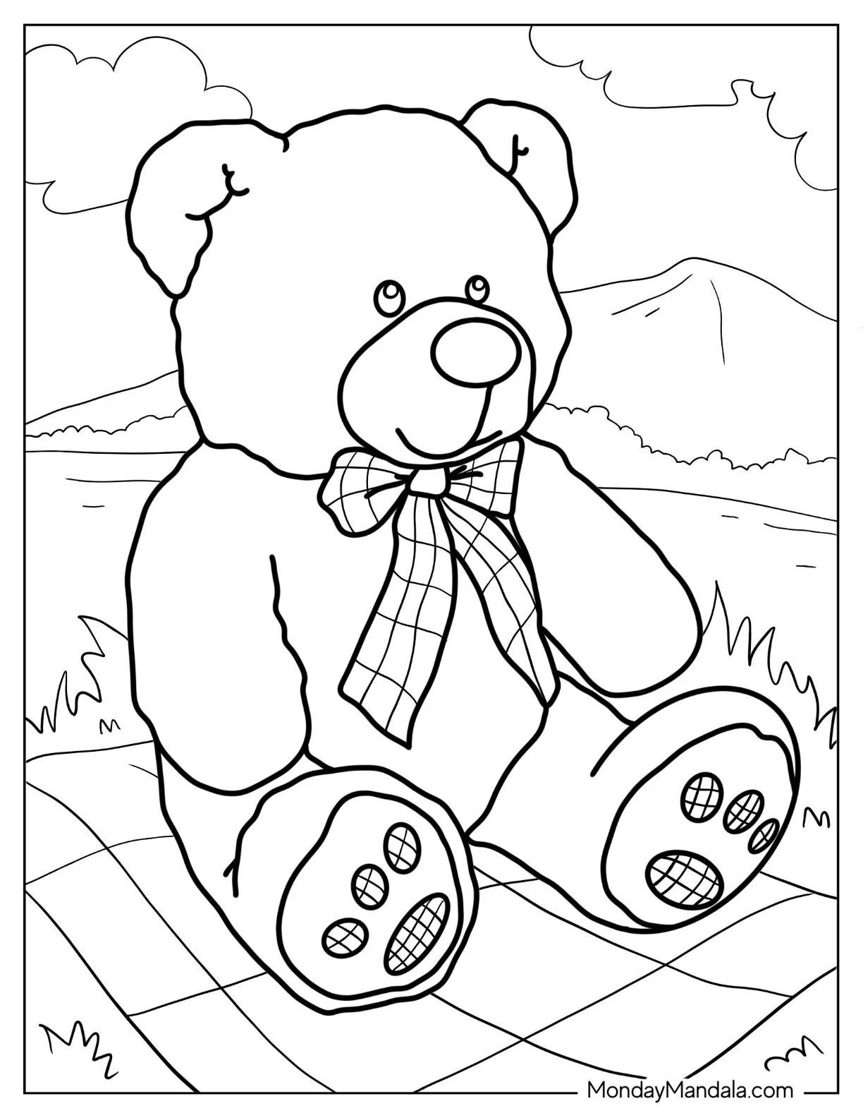 Teddy Bear Coloring Page With Bow Tie On Picnic Blanket coloring page