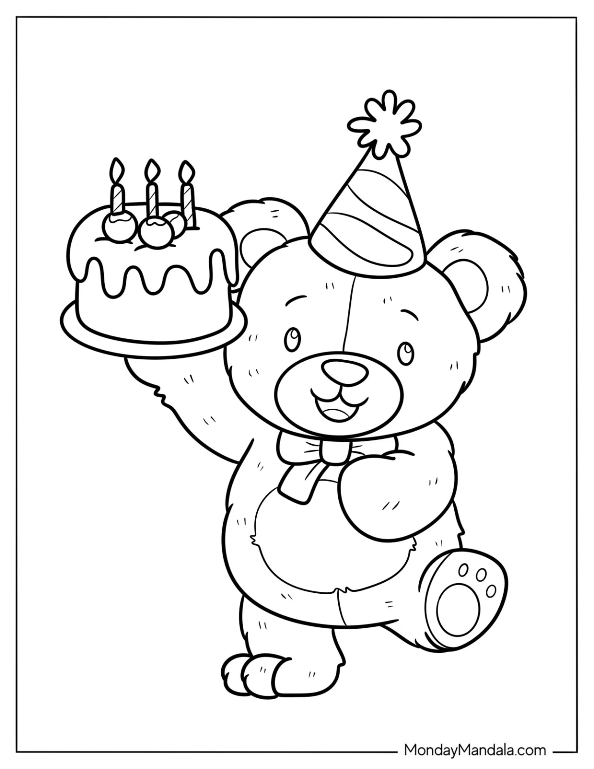 Teddy Bear Coloring Page With Party Hat Holding Up A Birthday Cake coloring page