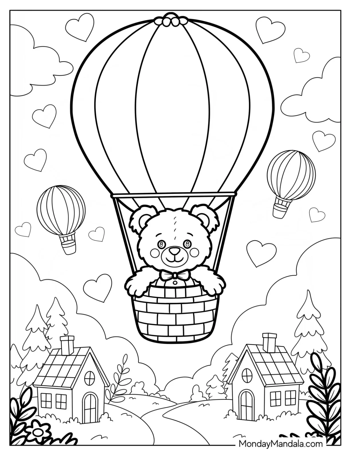 Teddy Bear Coloring Pages Hot Air Balloon Ride Over the Village coloring page