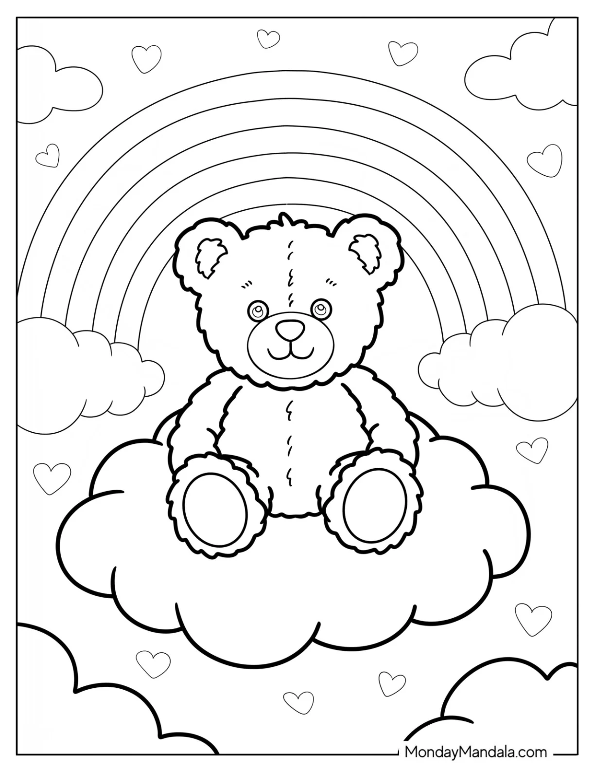 Teddy Bear Coloring Pages in the Sky with Hearts and Rainbows for Kids coloring page — printable line art