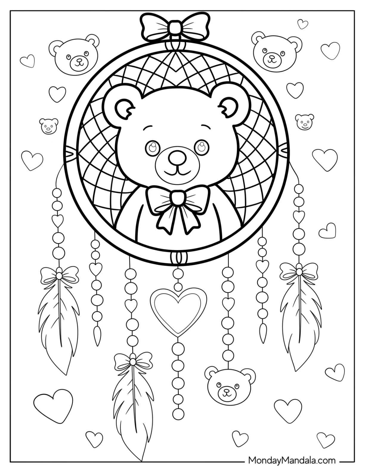 Teddy Bear Coloring Pages Inside Dreamcatcher with Dangling Feathers and Hearts coloring page