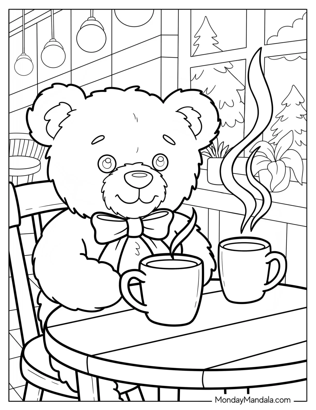 Teddy Bear Coloring Pages Relaxing at a Coffee Shop coloring page — printable line art
