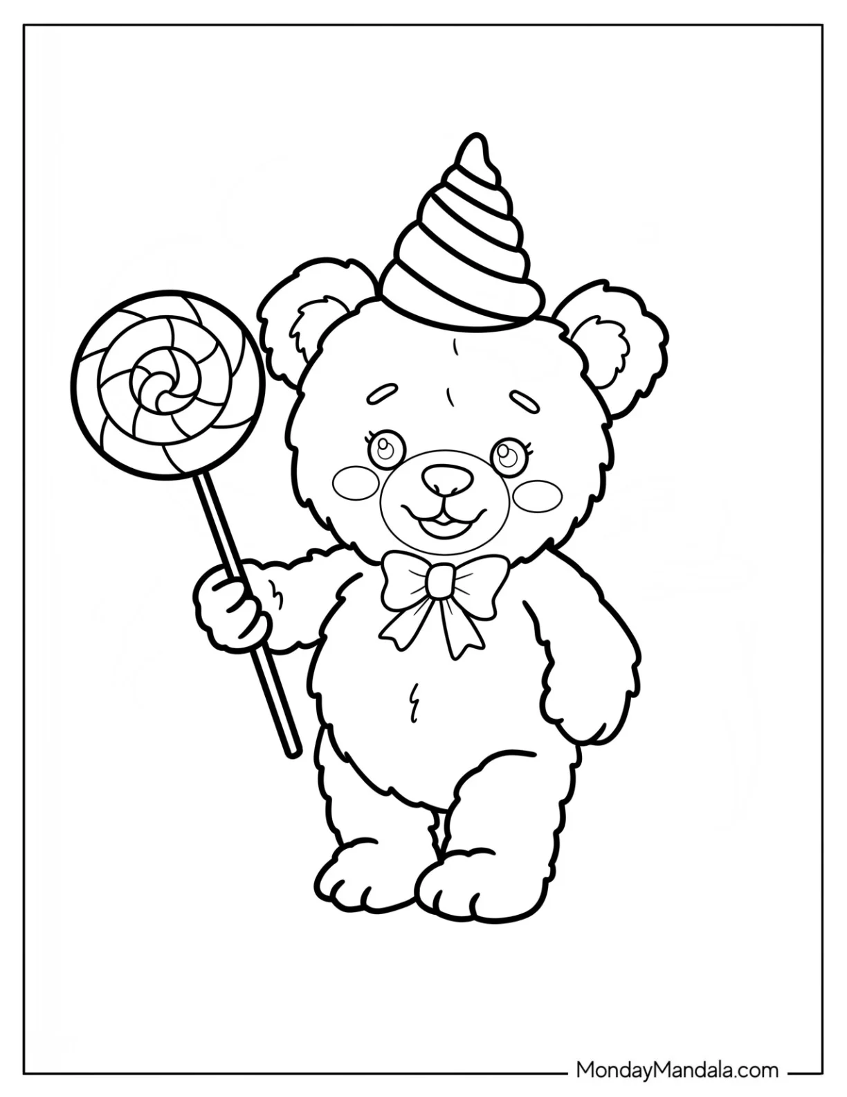 Teddy Bear Coloring Pages with Party Hat and Lollipop for Preschoolers coloring page
