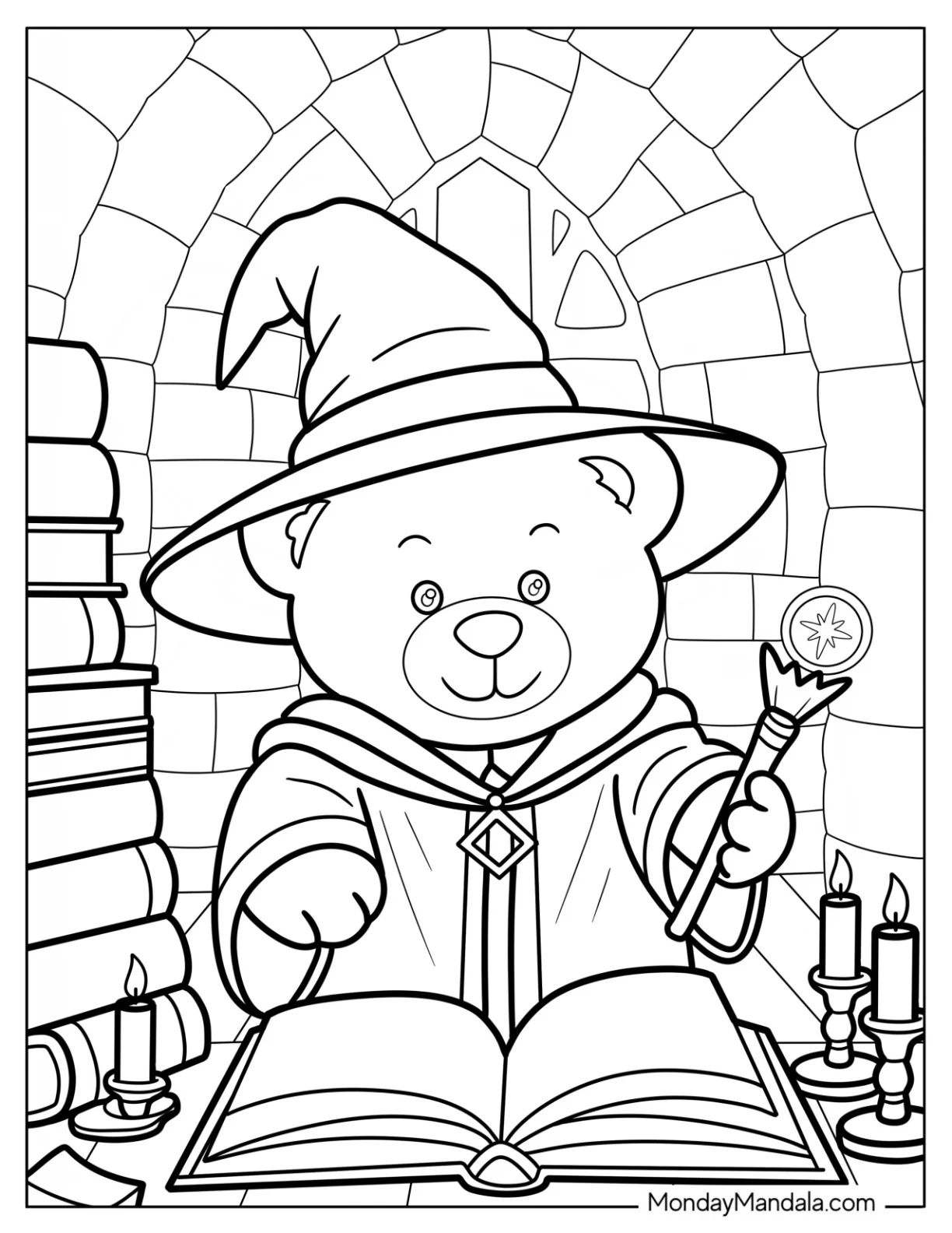 Teddy Bear Coloring Pages Wizard Casting Spells in a Magic Library coloring page