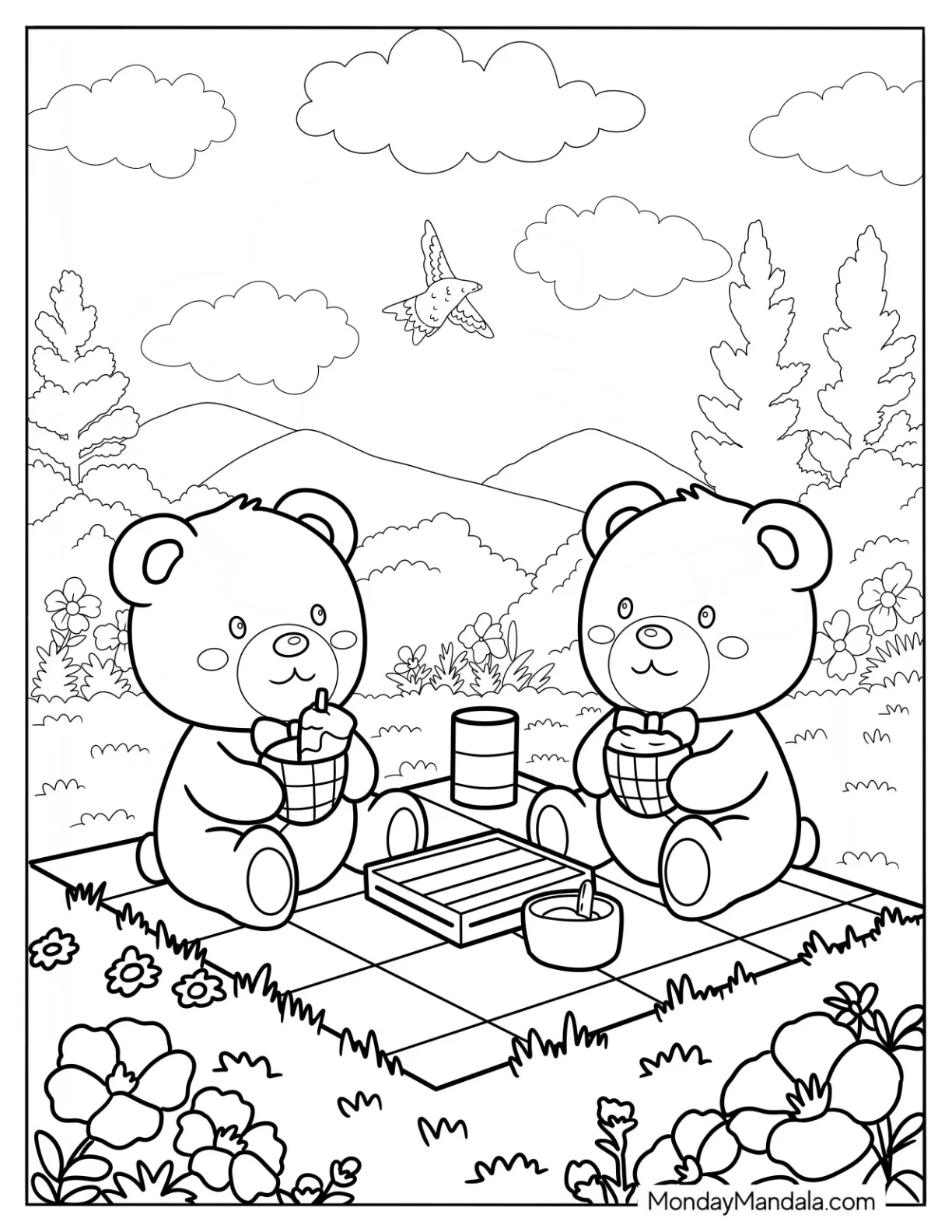 Two Cute Teddy Bear Coloring Page Having A Picnic coloring page — printable line art