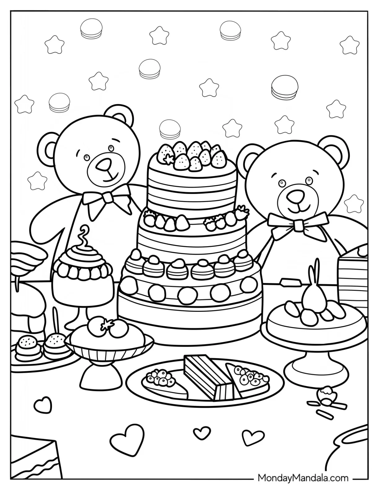 Two Teddy Bear Coloring Page With Tiered Cakes And Desserts coloring page — printable line art