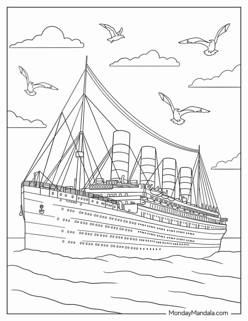 Titanic At Sea with Seagulls In Sky Coloring In coloring page