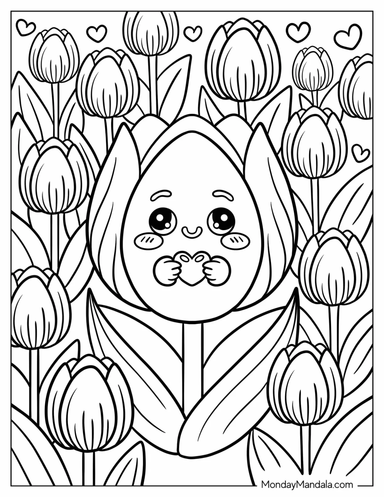 Adorable Baby Tulip Coloring Page Holding a Love Heart for Kids coloring page — printable line art