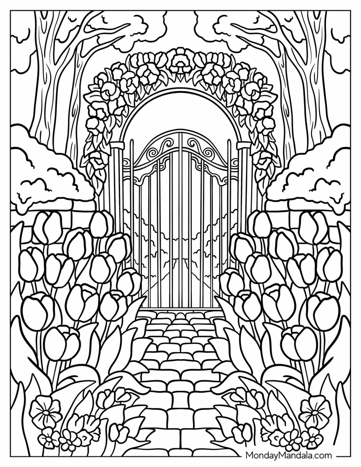 Arched Garden Gate Surrounded by Blooming Tulip Coloring Page and Stone Pathway coloring page