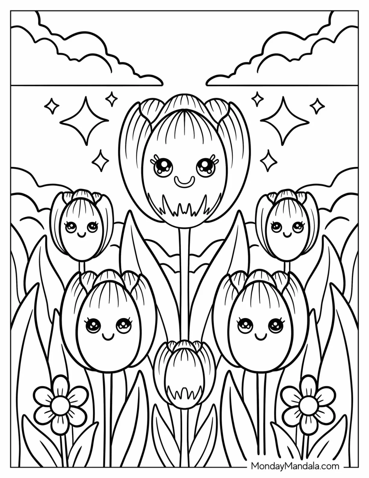 Beautiful Cartoon Tulip Coloring Page in a Field with Cloudy Sky for Kids coloring page — printable line art