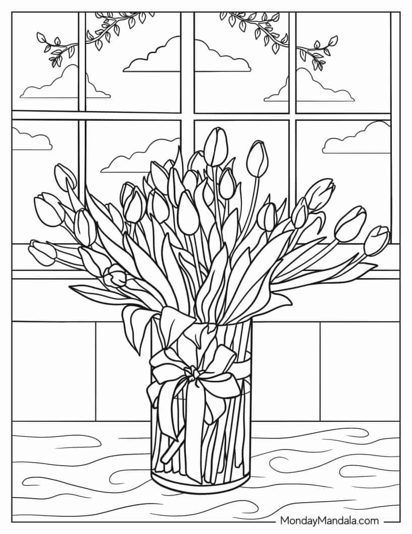 Bunch Of Tulips In Vase To Color coloring page