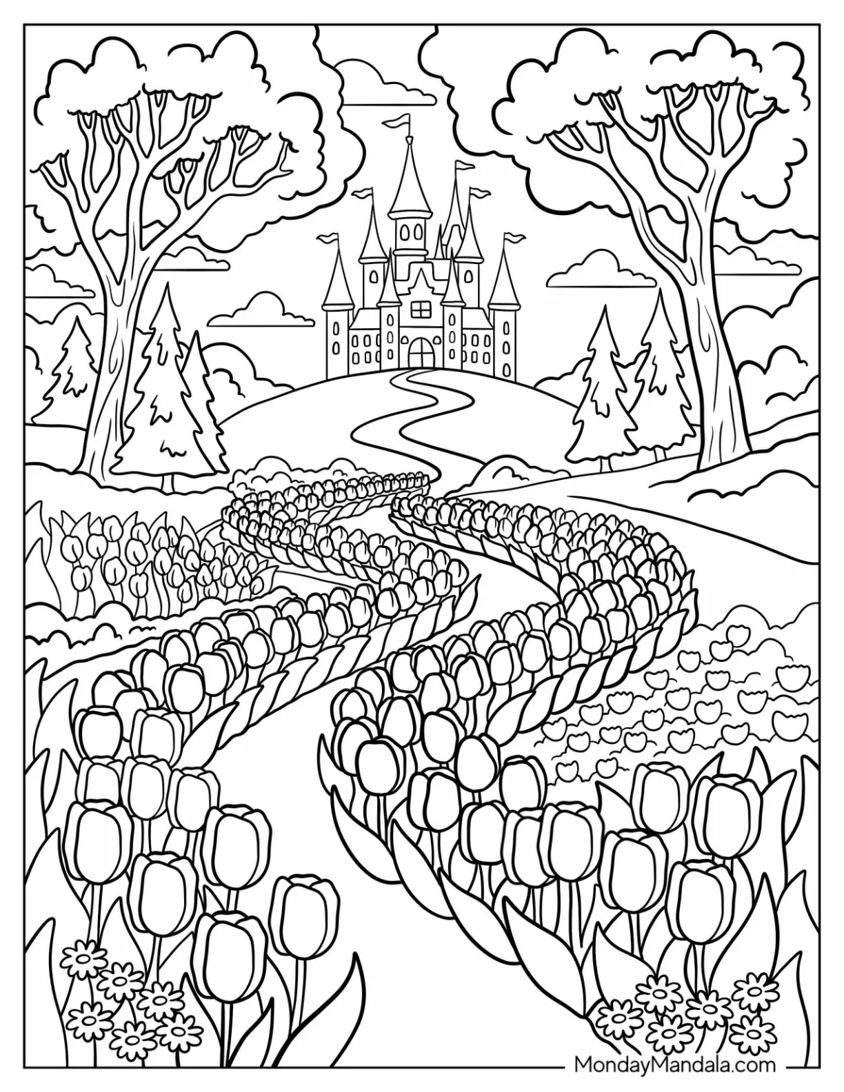 Castle Pathway Lined With Tulip Coloring Page coloring page