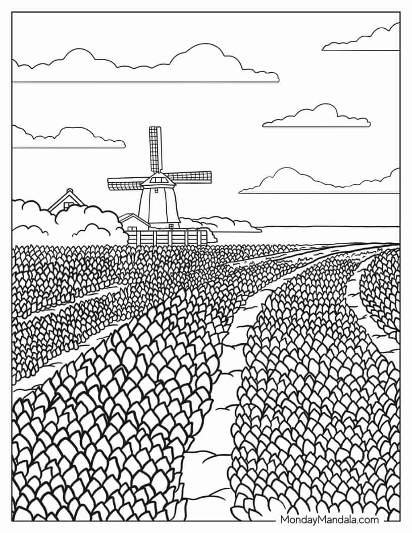 Dutch Tulip Field To Color coloring page — printable line art