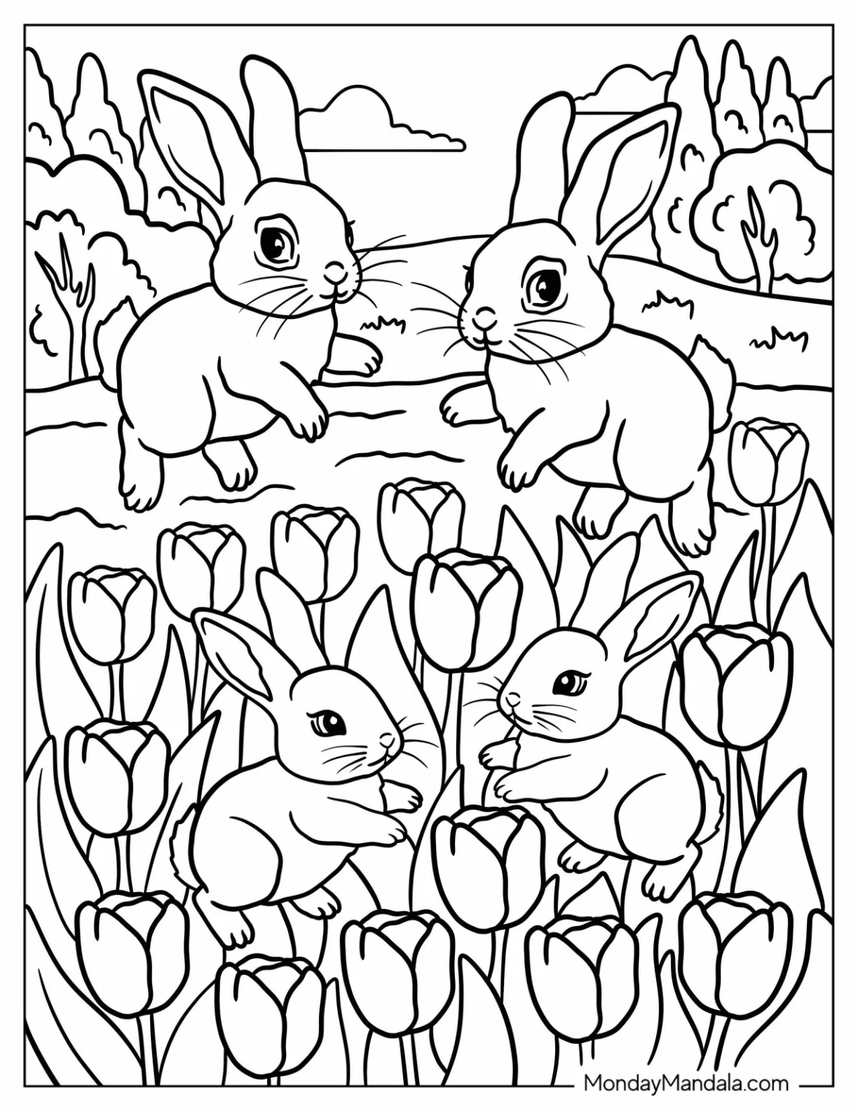 Five Adorable Rabbits Surrounded by Tall Tulip Coloring Page in a Sunny Meadow coloring page — printable line art