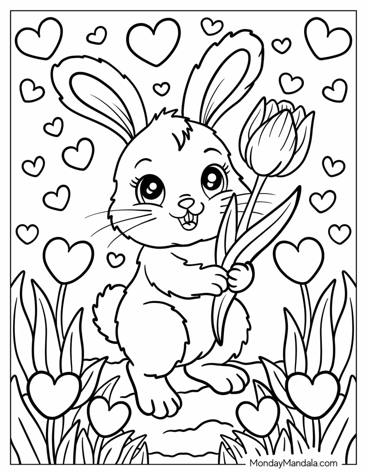 Fluffy Bunny Standing in a Field of Tulip Coloring Page and Love Hearts for Kids coloring page — printable line art