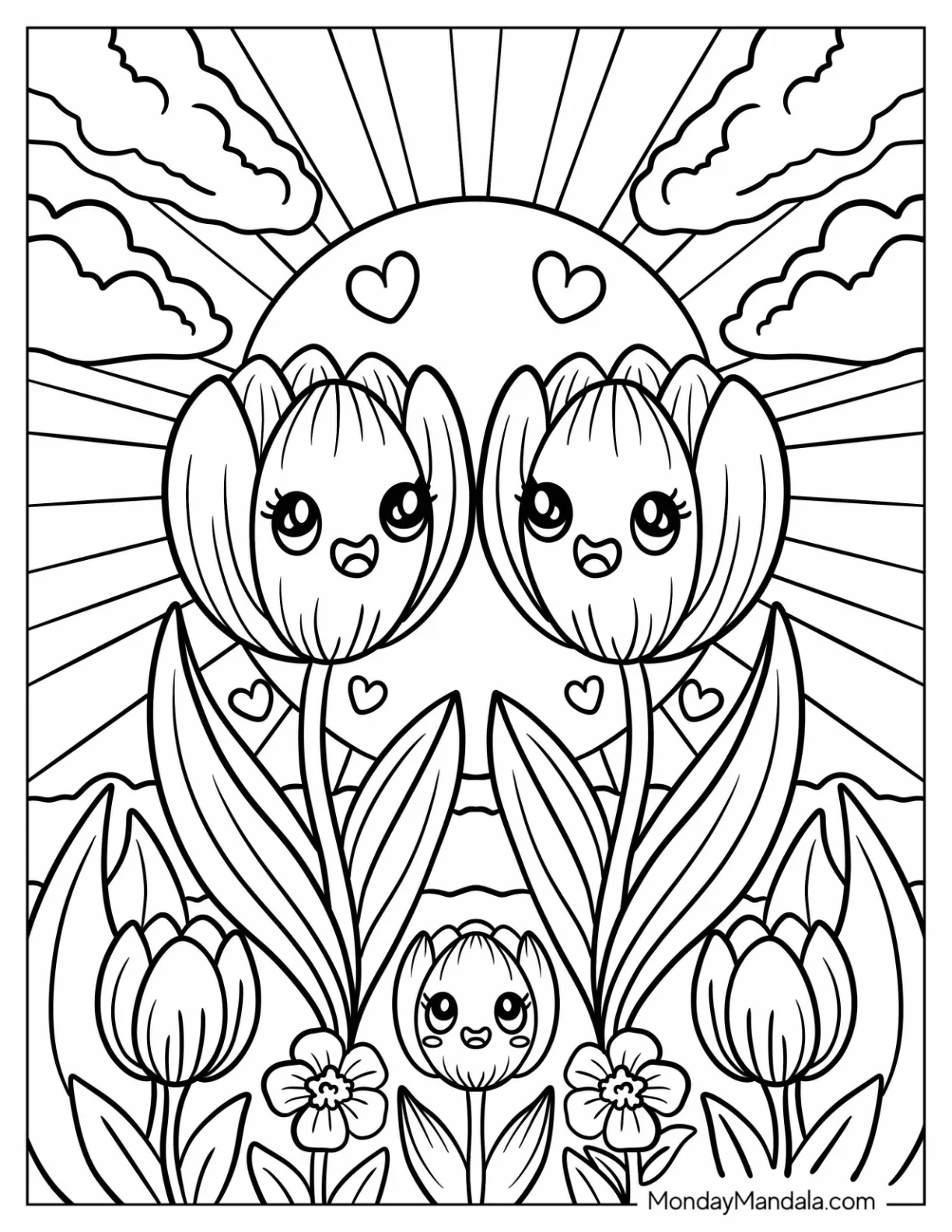 Happy Cartoon Tulip Coloring Page Blooming Beneath Sun Rays and Floating Hearts for Kids coloring page