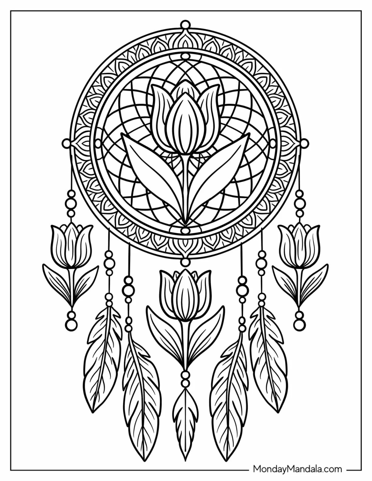 Intricate Tulip Coloring Page Dreamcatcher Mandala With Beads and Feathers coloring page
