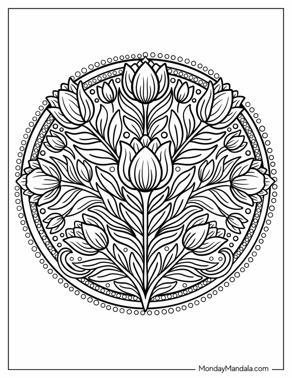 Intricate Tulip Coloring Page Flower Mandala with Dotted Border and Botanical Patterns coloring page — printable line art