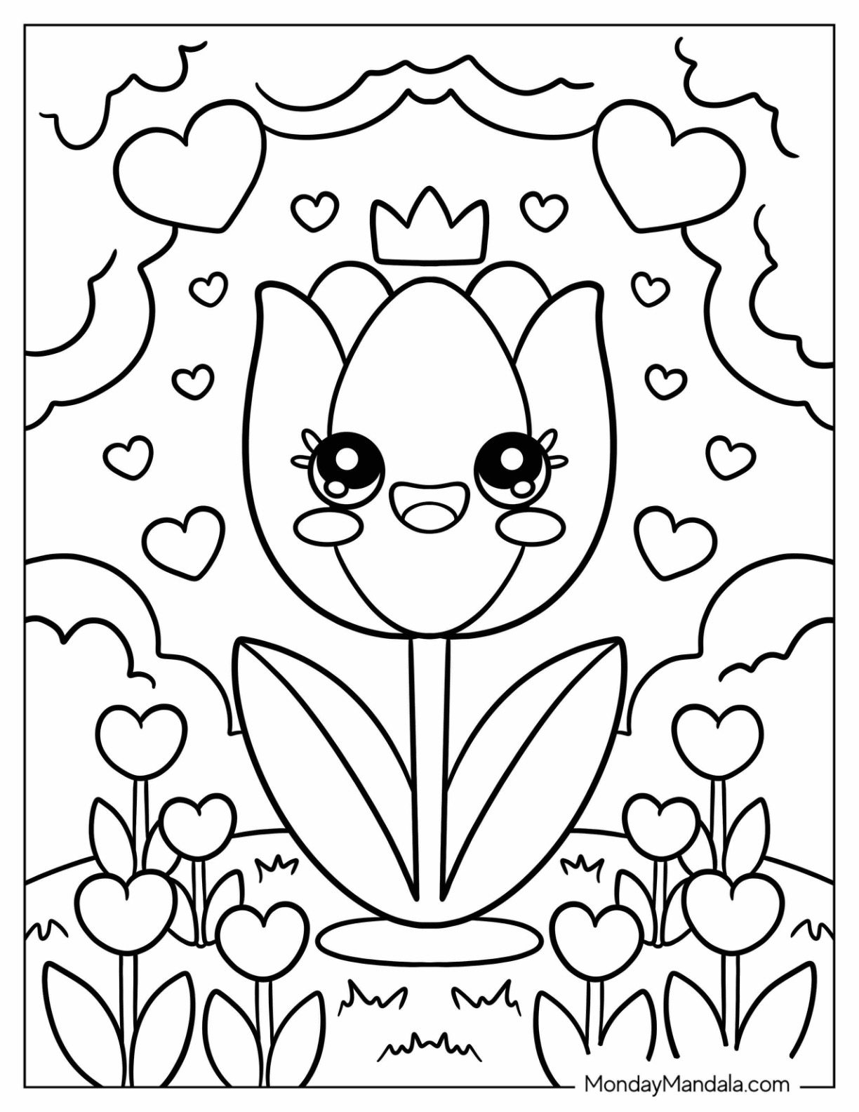 Kawaii Tulip Coloring Page Princess in a Field of Heart Shaped Flowers and Puffy Clouds for Preschoolers coloring page