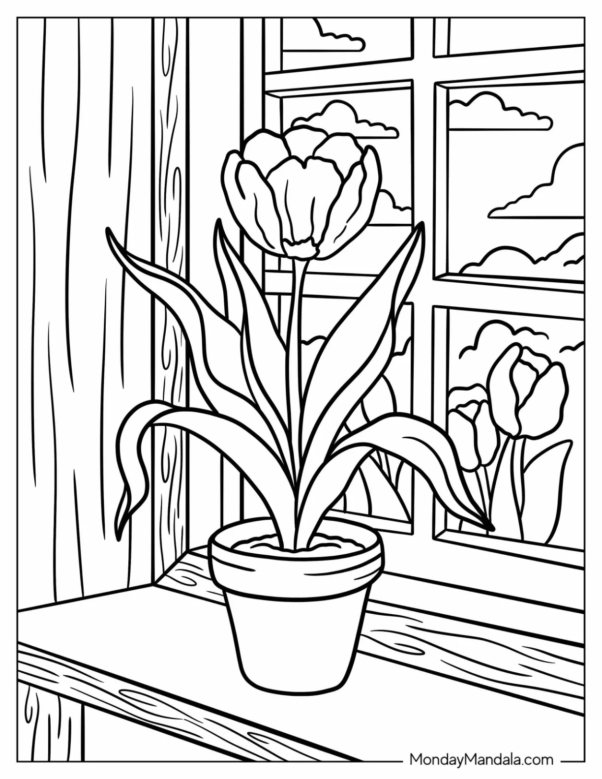 Potted Tulip Coloring Page on a Wooden Windowsill with Clouds and Garden View coloring page