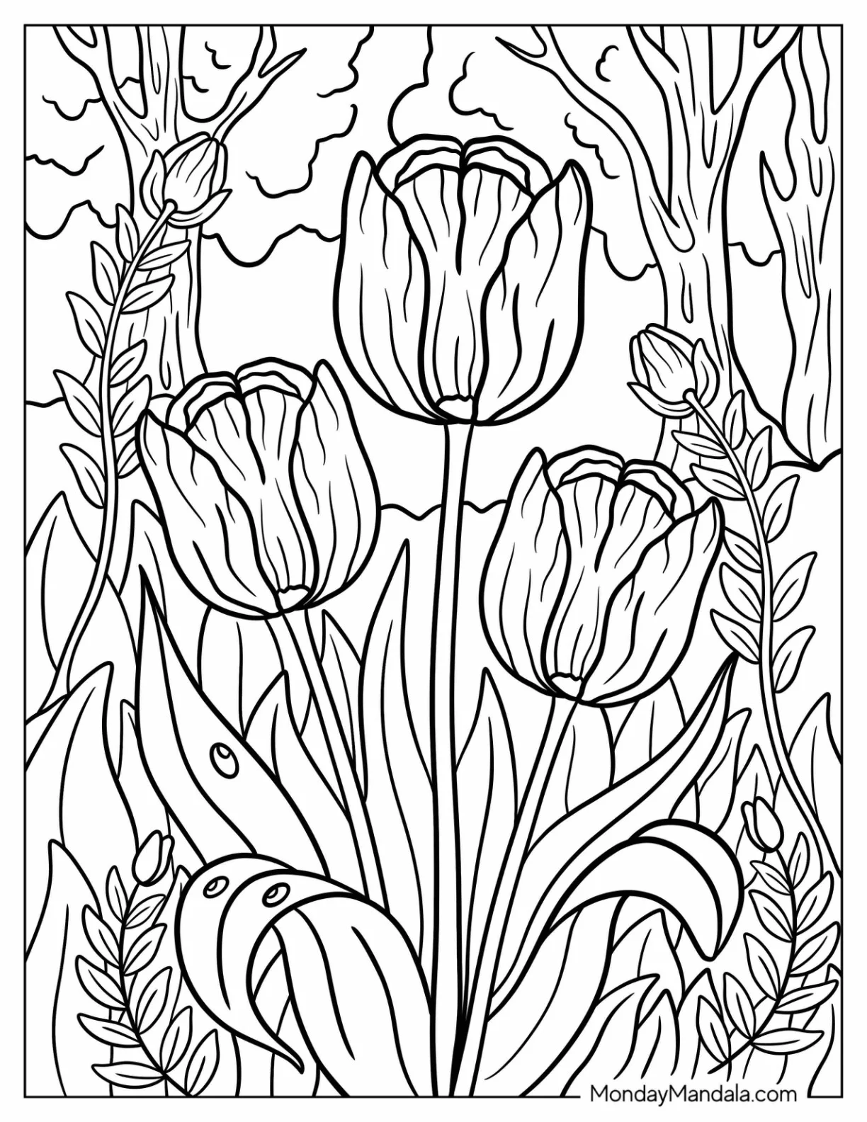 Realistic Tulip Coloring Page Blossoming in a Garden coloring page — printable line art