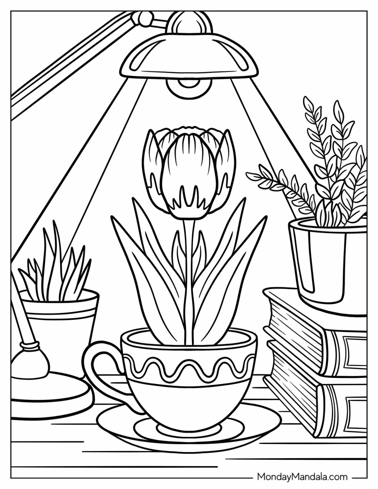 Single Tulip Coloring Page in a Teacup Under Desk Lamp with Books and Potted Plants coloring page — printable line art
