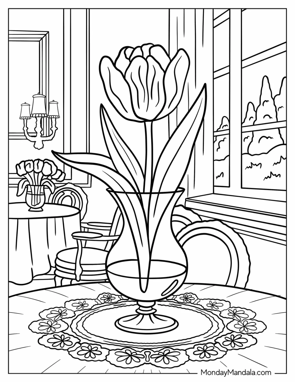 Single Tulip Coloring Page in a Vase on a Lace Tablecloth with Window and Chairs in the Background coloring page