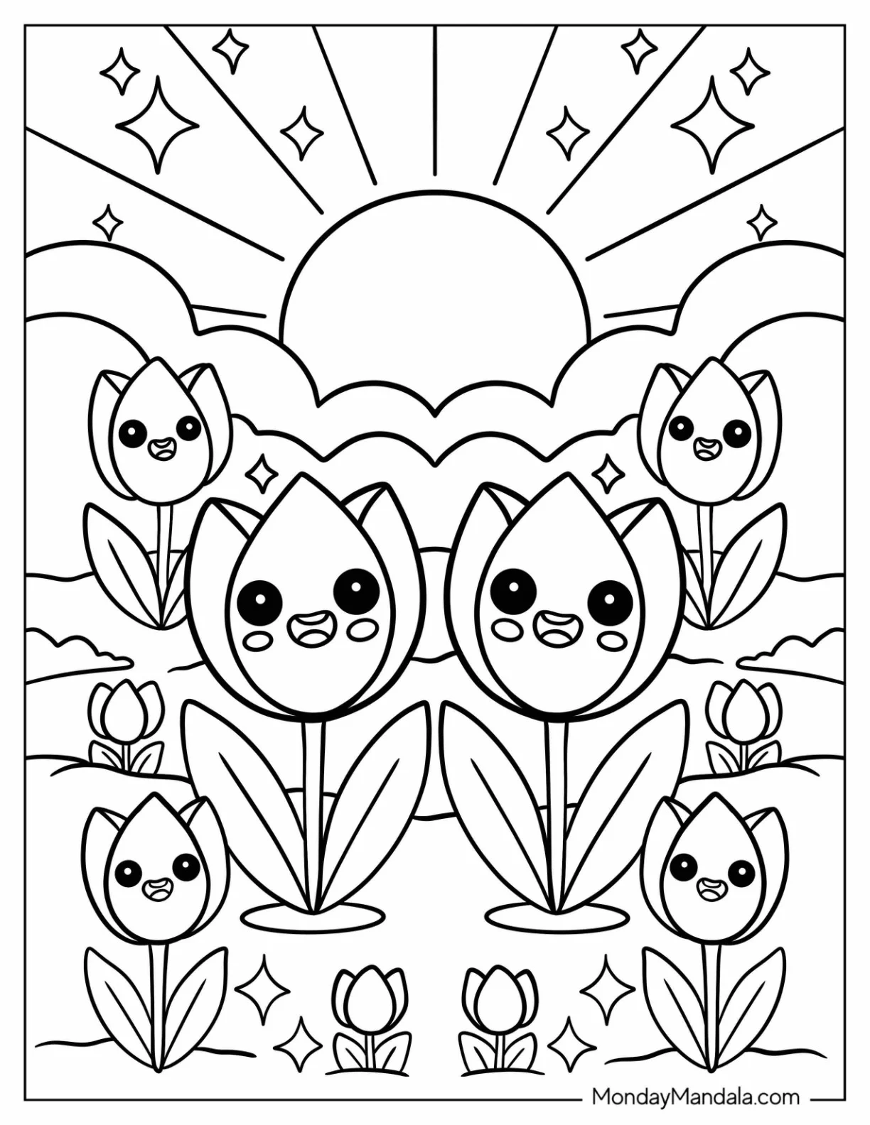 Smiling Cartoon Tulip Coloring Page With Shining Sun and Fluffy Clouds for Kids coloring page